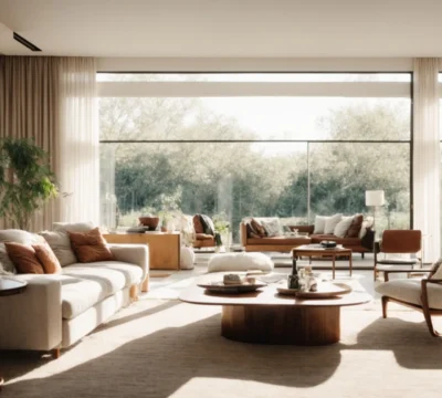 a spacious, well-lit living room with modern furnishings and a large window showing a sunny day outside.