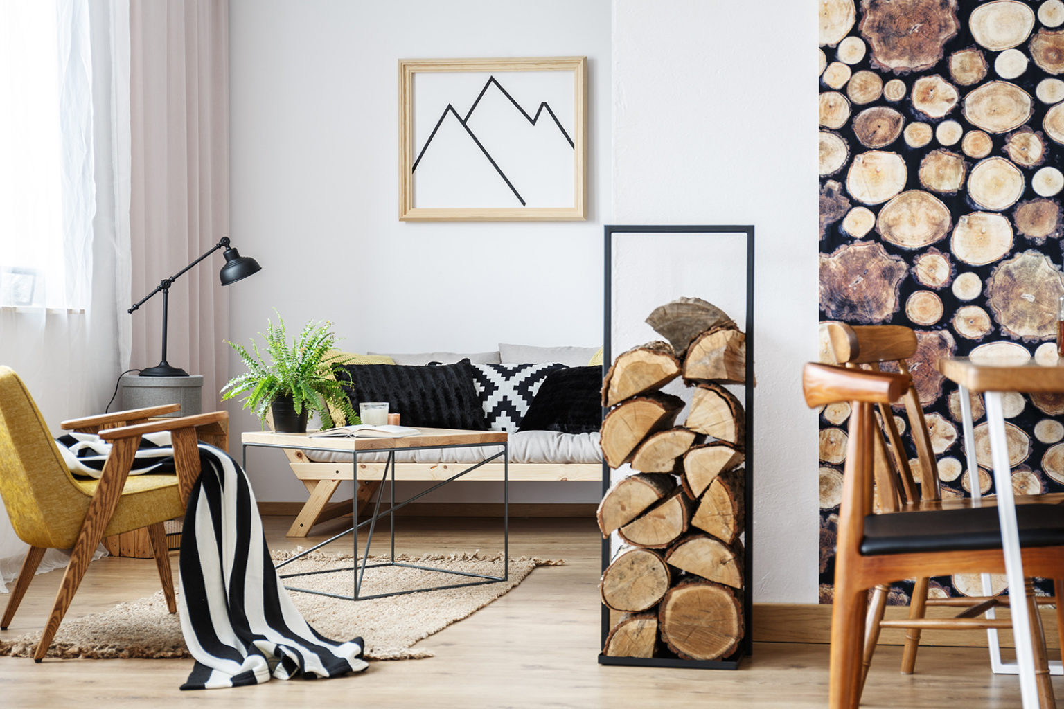 a living room with a couch and coffee table