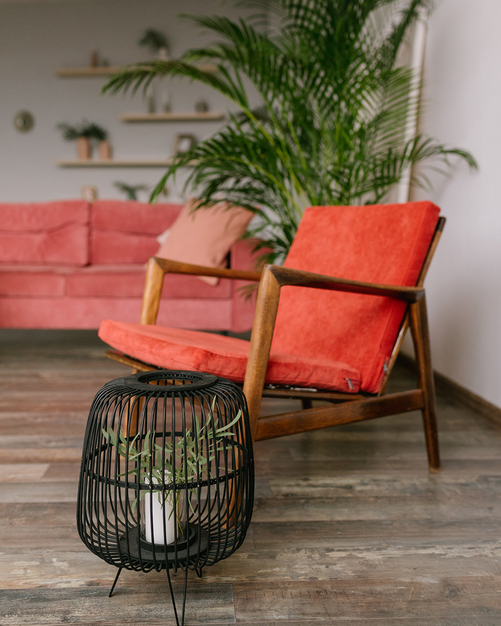 a chair with a plant on the side