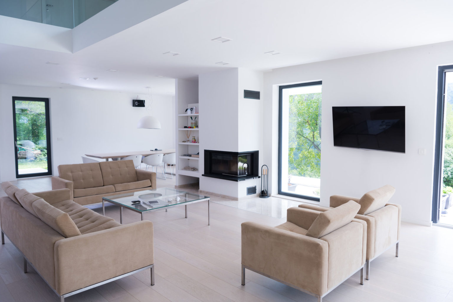 a living room with a fireplace