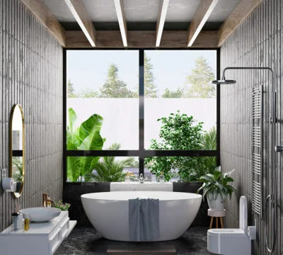 a large white tub in a bathroom