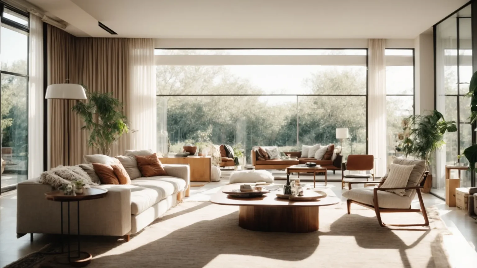 a spacious, well-lit living room with modern furnishings and a large window showing a sunny day outside.