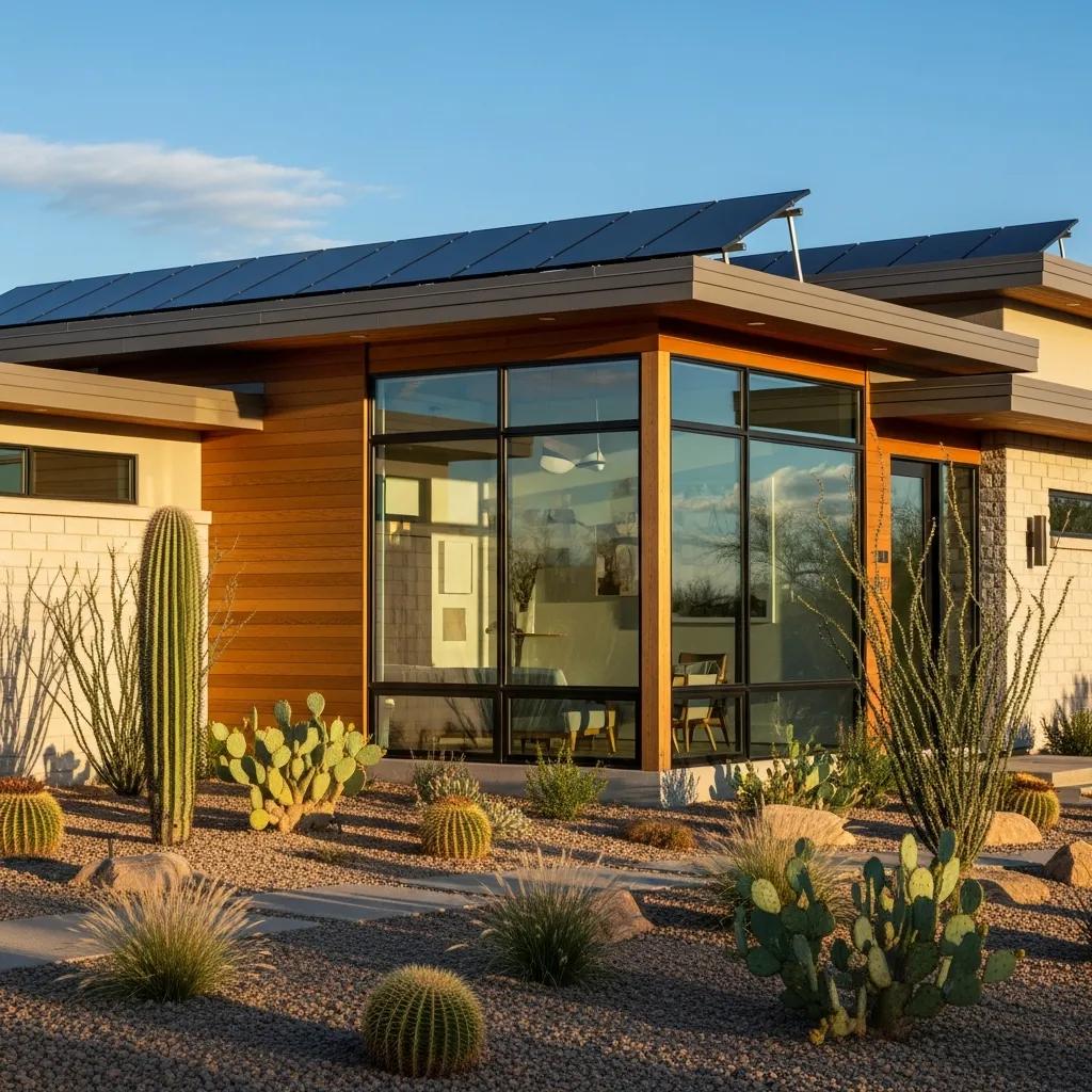 Modern energy-efficient desert home with solar panels and native landscaping