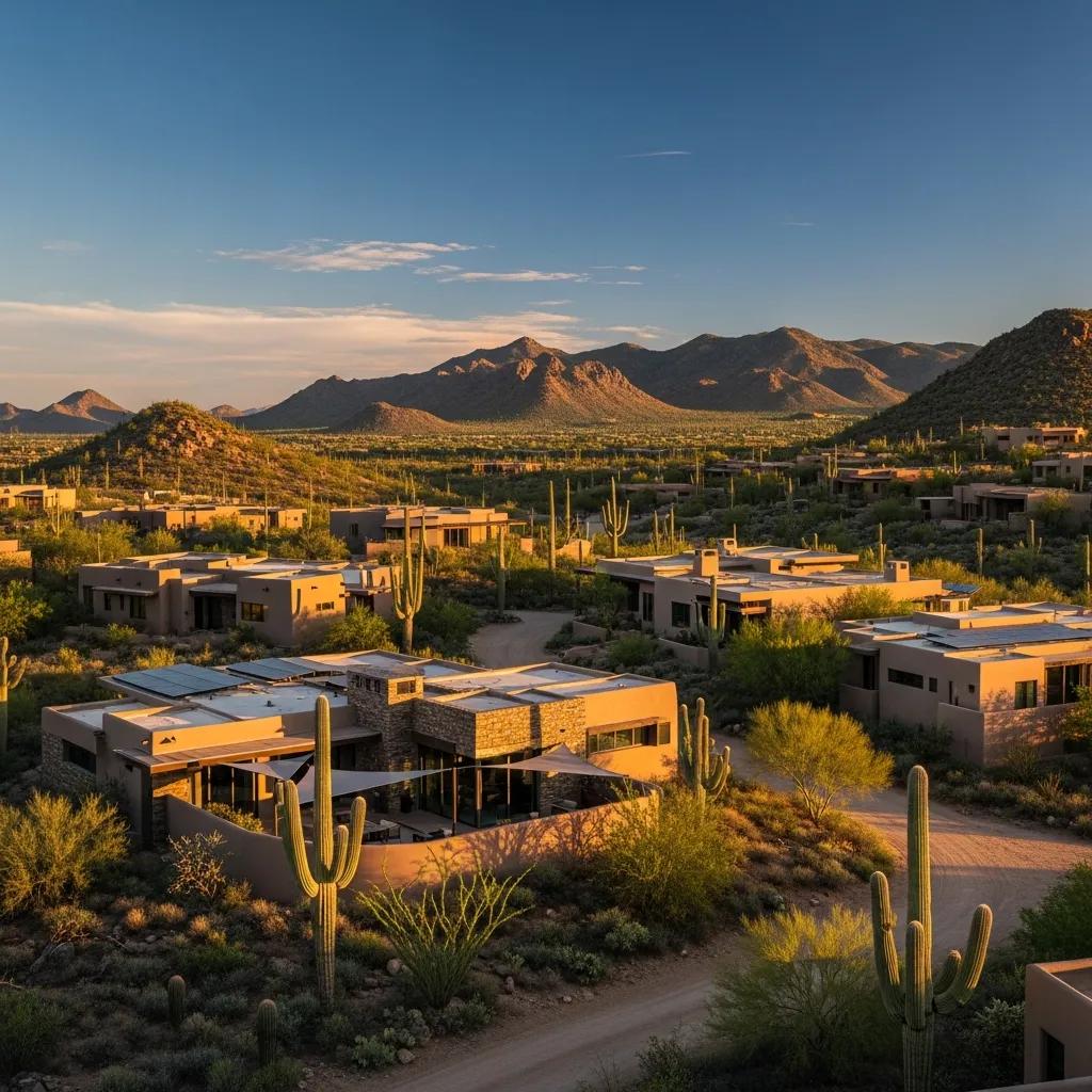 Sonoran Desert landscape featuring energy-efficient homes and cacti